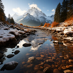 sunrise over the river in the mountains