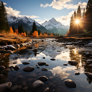 sunrise over the mountains over the river © QuanSheng