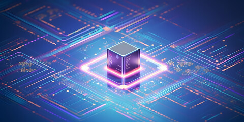 Data storage cube between neon pathways. Quantum computing, database, cloud computing concept.