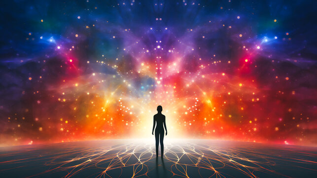 a silhouette of a person standing in the foreground, with an intricate network of interconnected pathways and molecular structures in vibrant colors