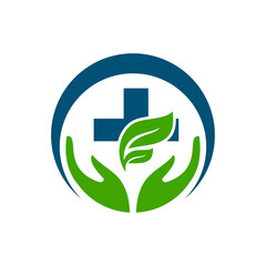 Medical care, healthcare, treatment service, natural, diagnostic centre, stethoscope leaf, plus and hands icon combination vector logo design.
