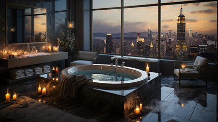 Luxury modern interior of a penthouse bathroom. AI - obrazy, fototapety, plakaty