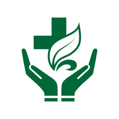 Medical care, healthcare, treatment service, natural, diagnostic centre, stethoscope leaf, plus and hands icon combination vector logo design.