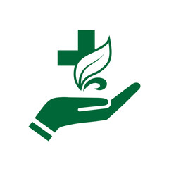 Medical care, healthcare, treatment service, natural, diagnostic centre, stethoscope leaf, plus and hands icon combination vector logo design.