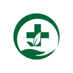 Medical care, healthcare, treatment service, natural, diagnostic centre, stethoscope leaf, plus and hands icon combination vector logo design.