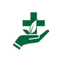 Medical care, healthcare, treatment service, natural, diagnostic centre, stethoscope leaf, plus and hands icon combination vector logo design.