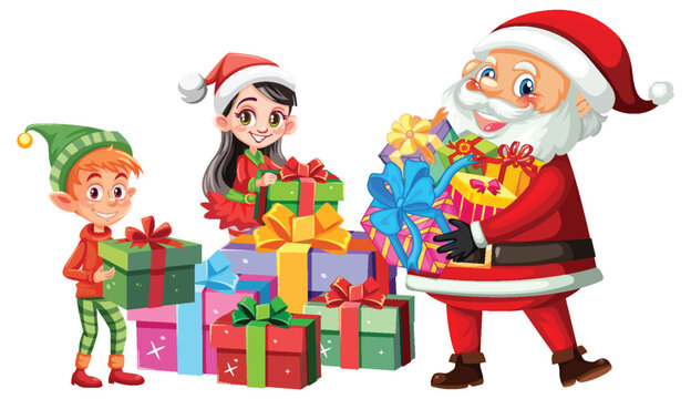 Santa and Elf Preparing Christmas Gift