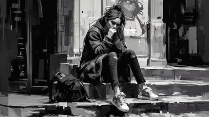 Painting of a homelessness girl sitting on a sidewalk