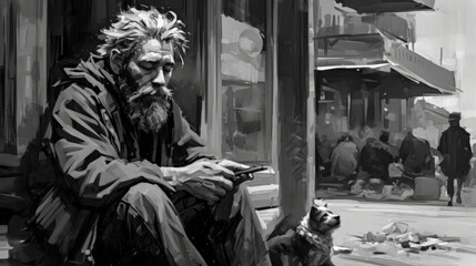 Painting of a homelessness man sitting on a sidewalk  - obrazy, fototapety, plakaty