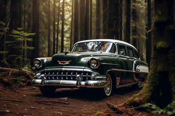 Fototapeta premium Green retro car in the middle of the forest. Car in the forest. AI Generated