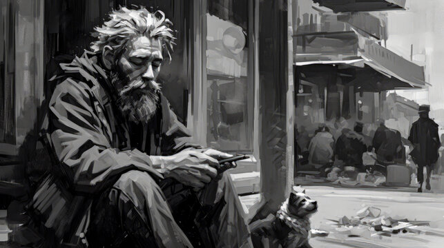 Painting of a homelessness man sitting on a sidewalk 