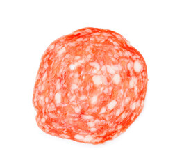 Slice of tasty salami on white background