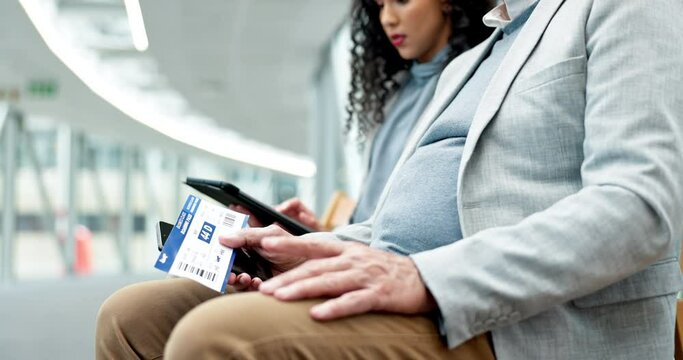 Tablet, business people and ticket at airport for travel, planning on tech and waiting for a flight. Corporate, speaking and employees sitting together with a boarding pass and technology for a trip
