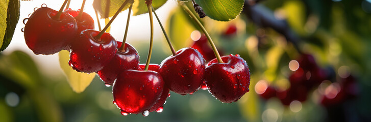 Cherry tree with fresh red cherries. Ripe cherries in Orchard ready for harvesting