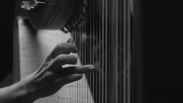 Woman Playing Harp in Black and White and Slow Motion