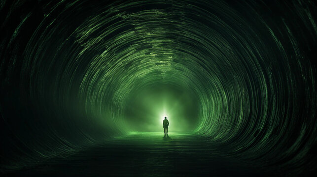 A Person in a Spooky Green Underground Tunnel
