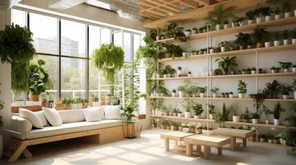 Fototapeta na wymiar Modern interior with lots of plants. Generative AI