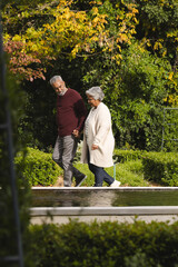 Happy senior biracial couple holding hands and walking in garden at home