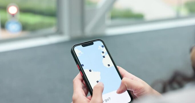 Hands, app and phone screen with map for travel, transportation or navigation. Mobile, location and person with application for taxi, journey and destination choice for vacation, holiday or direction