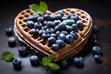 Waffles with fresh blueberries and honey on marble background