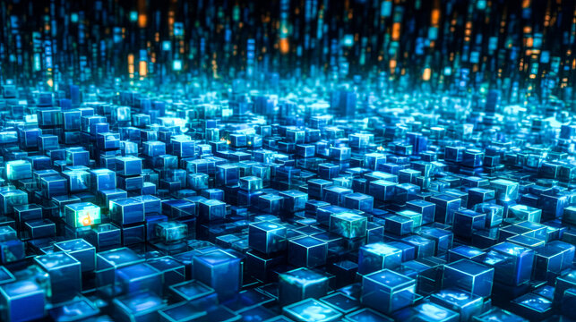 A blue pattern of shiny squares with blue lights on it