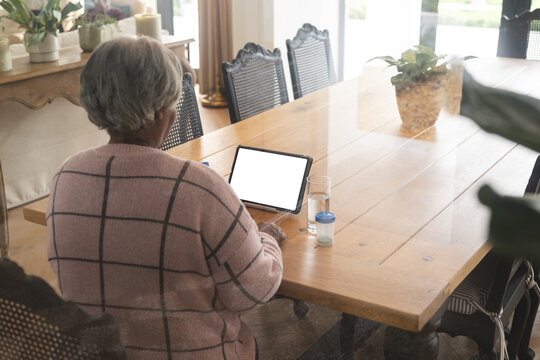 Senior biracial woman having video call at home with doctor on tablet with copy space