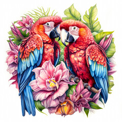 a watercolor drawing of two Macaw with flowers and leave