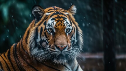 Fototapeta premium Magnificent big cat portrait showcasing a sad tiger in a controlled zoo environment. Rainy gloomy day.