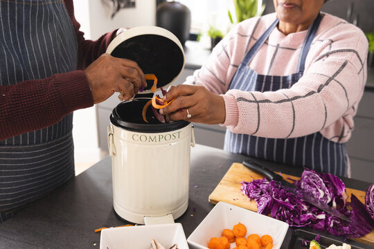 Senior biracial couple wearing aprons composting food waste in kitchen at home