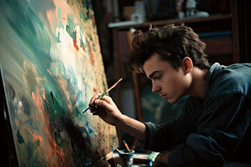 young painter making an oil painting