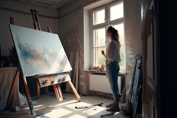 young woman painter looking an oil painting