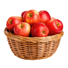 Illustration of wicker basket full of fresh ripe red apples isolated on transparent background. PNG...