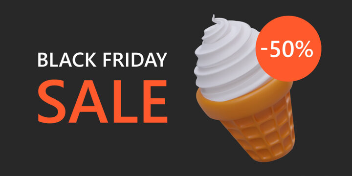 Huge discounts on ice cream. Black Friday. Advertising concept on black background, 3D illustration, red price tag. Announcement of discounts. Seasonal sale of summer sweets