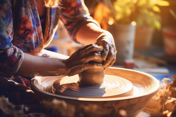 Person Making Pottery on Wheel Hands Close Up Generative AI