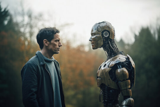 AI anxiety Man Against Robot Artificial Intelligence Generative AI