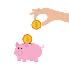 Hand holding coin to insert to pink piggy bank isolated on background.