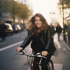 woman enjoying a city ride with a bike . Generative AI