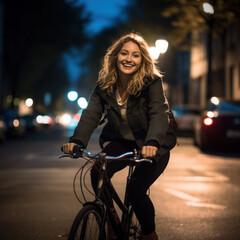 woman enjoying a city ride with a bike . Generative AI