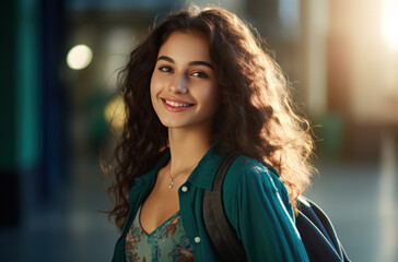 young student holding a backpack, back to school. Generative AI