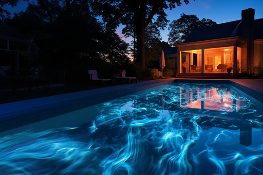 Glowing in dark pool on house backyard as mystical portal to metaverse