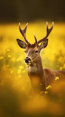 Vertical illustration of deer stag in the beautiful blooming field. Wild flowers outdoor nature background. Mobile splash screen template.