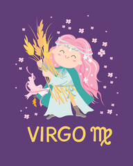 Cute sign zodiac poster flat. Vector illustration with astrological symbol Virgo, zodiac sign.