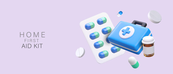 Concept of home first aid kit. Poster with realistic 3d box with different pills for first help. Medicine collection concept. Vector illustration with place for text