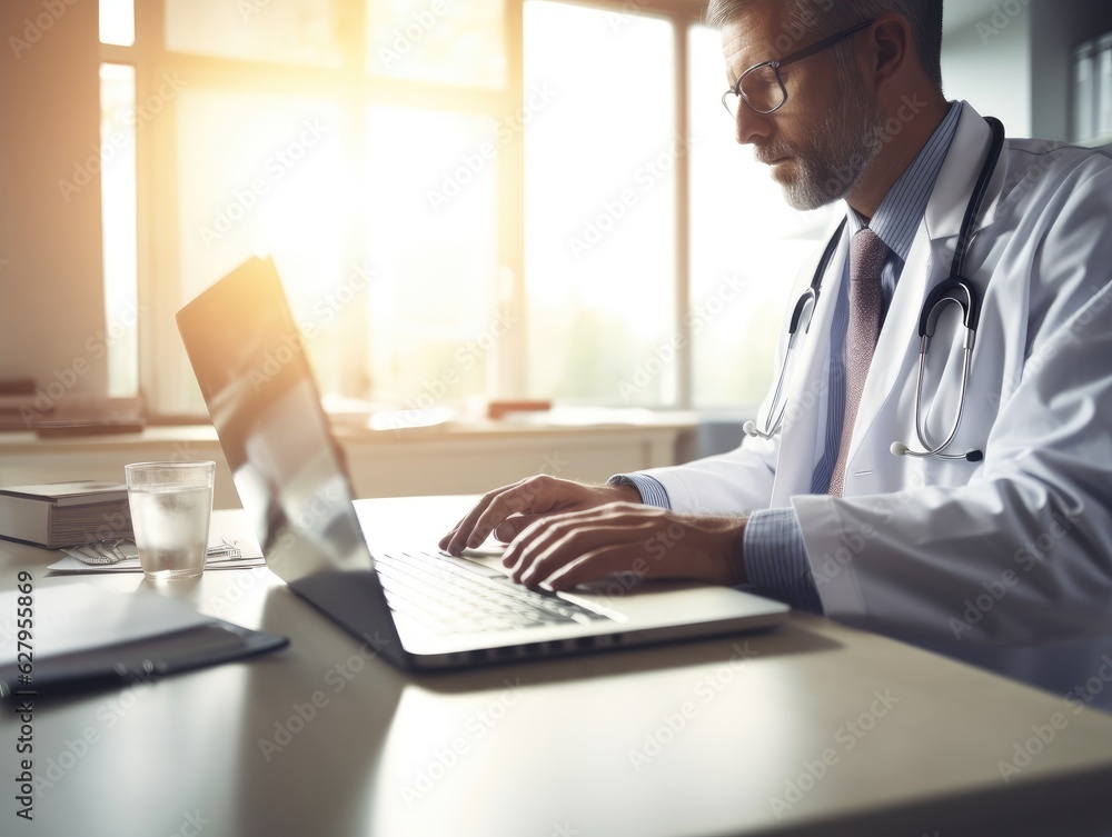 Poster a man in a lab coat is typing on a laptop. generative ai.