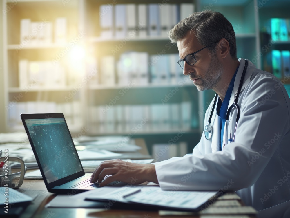 Poster a man in a lab coat working on a laptop. generative ai.