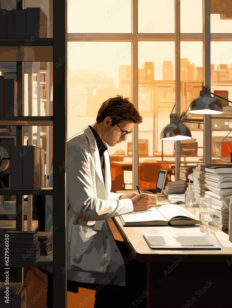 Poster a man sitting at a desk in front of a laptop computer. generative ai.