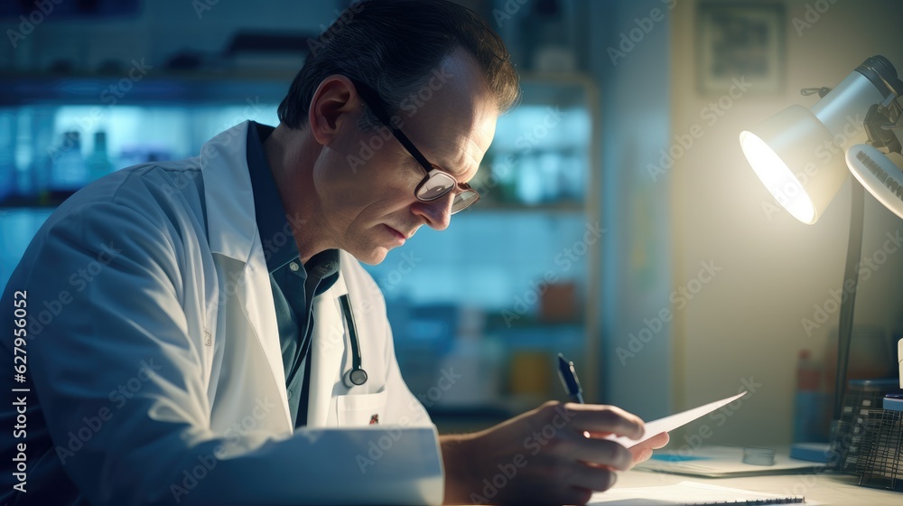 Poster a man in a lab coat writing on a piece of paper. generative ai.