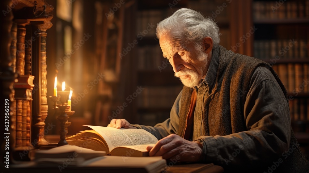Poster an old man reading a book in a library. generative ai.