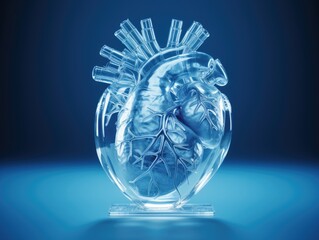 A glass model of a human heart on a blue background. Generative AI.