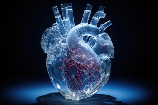 A model of a human heart on a blue background. Generative AI.
